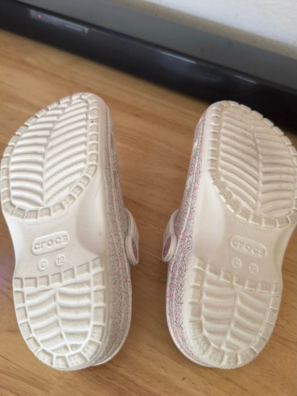 CROCS Kids Glitter Clogs in White with Pink & Silver Sparkle